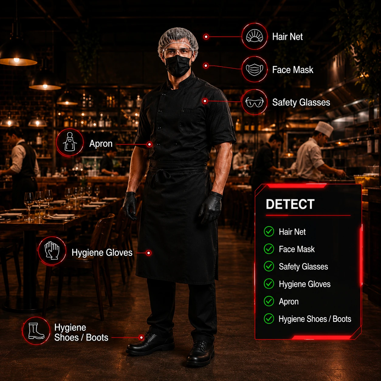 NeverFail AI Vision verifying hygiene protocol on a kitchen chef — hairnet, face mask, safety glasses, gloves, apron and hygiene footwear each confirmed