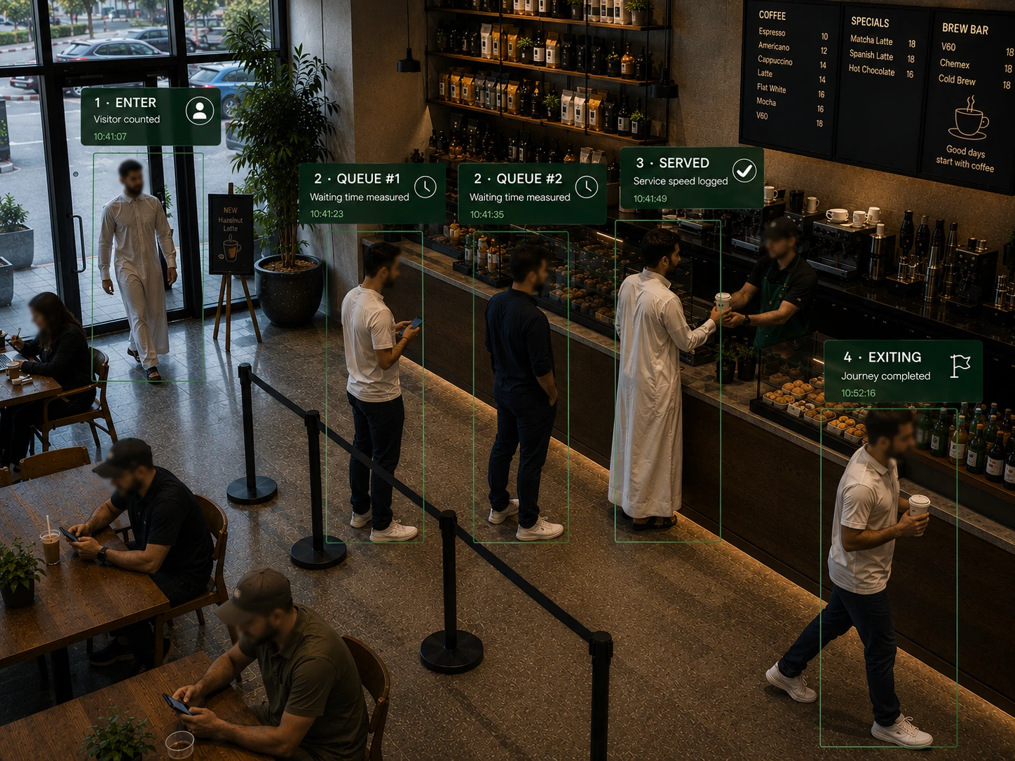 NeverFail AI Vision reading a café floor — every visitor tracked from entry to exit: visitor counted at the door, waiting time measured in the queue, service speed logged at the counter, and the completed journey timed on the way out