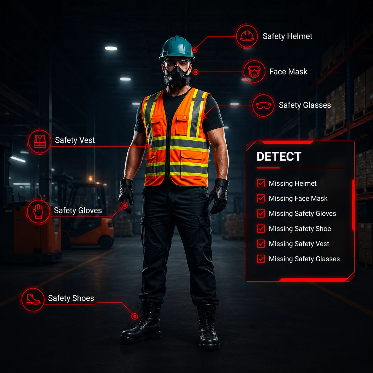 NeverFail AI Vision verifying PPE on a warehouse worker — safety helmet, face mask, safety glasses, vest, gloves and safety shoes each confirmed